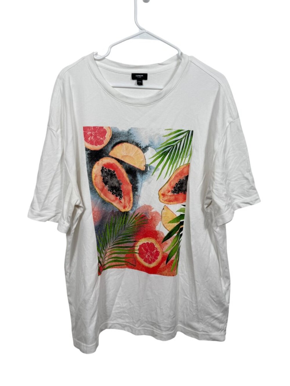 Express Relaxed Graphic T Shirt Mens Large White Fruit Colorful Tropical Summer